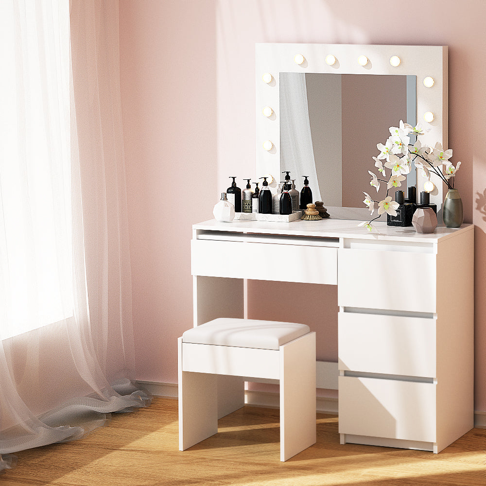 Dressing Table LED Makeup Mirror Stool Set 12 Bulbs Bedroom Vanity Desk White - Homecoze