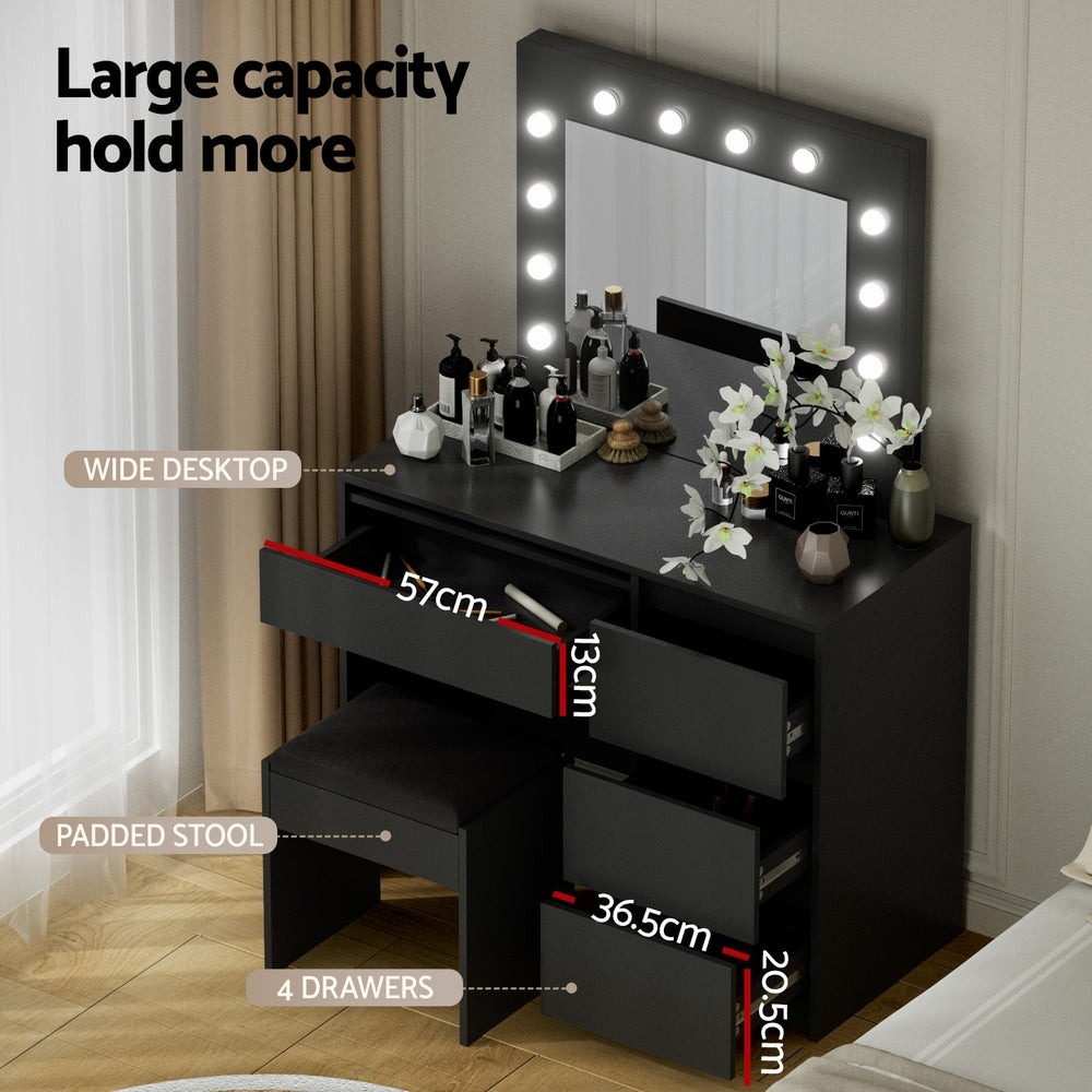 Artiss Dressing Table Set Stool 12 Led Bulbs Black - Homecoze