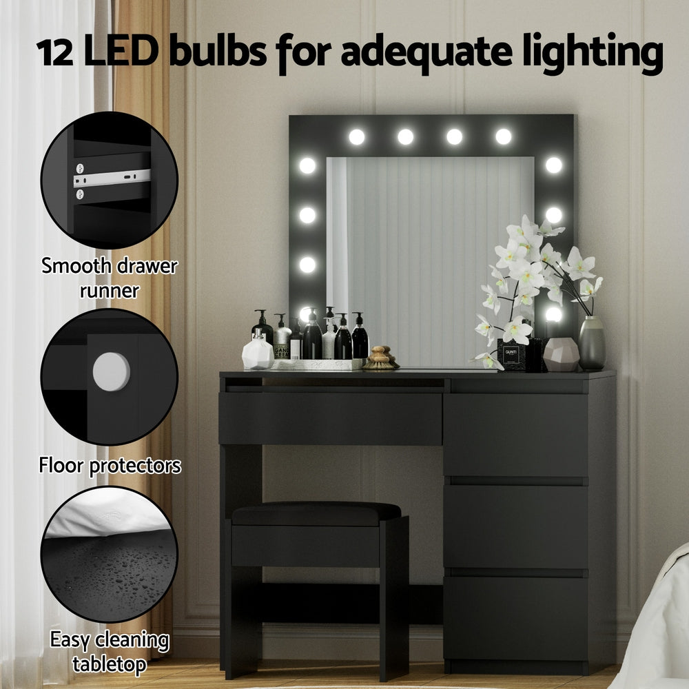 Artiss Dressing Table Set Stool 12 Led Bulbs Black - Homecoze