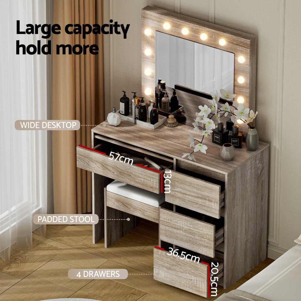 Artiss Dressing Table Set Stool 12 Led Bulbs Wood - Homecoze
