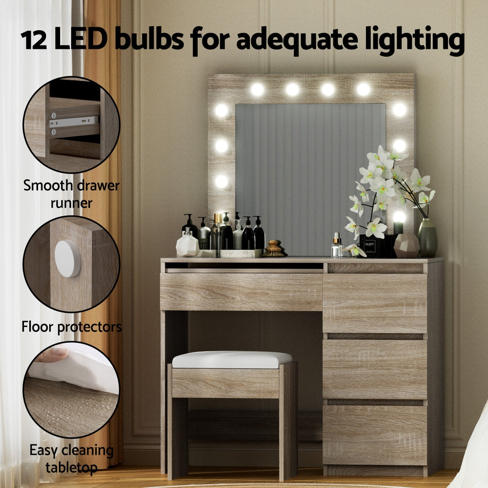 Artiss Dressing Table Set Stool 12 Led Bulbs Wood - Homecoze