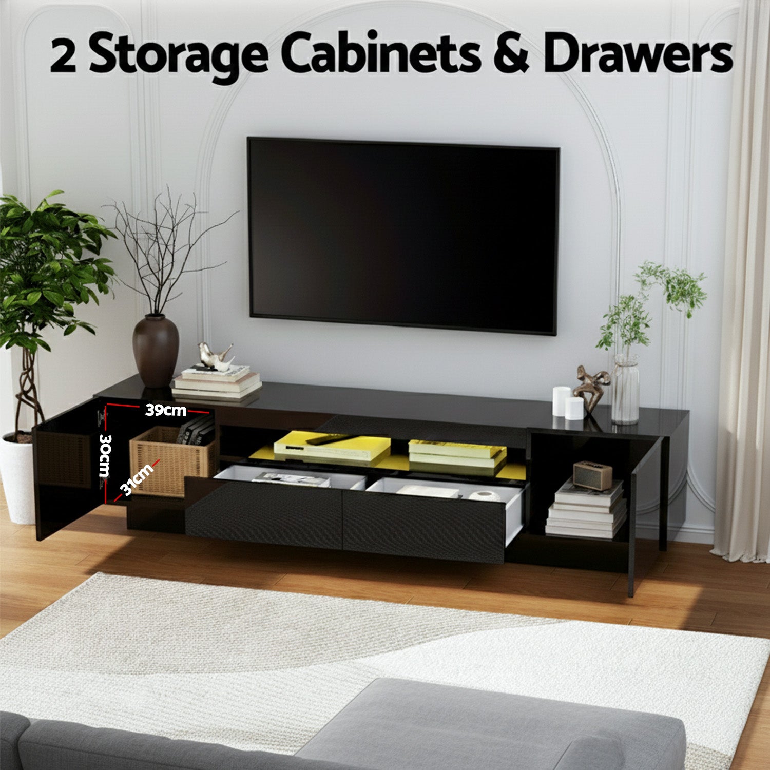 Kairo LED TV Unit 180cm – Black - Homecoze