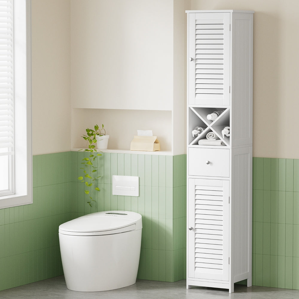 Artiss Bathroom Storage Cabinet 170cm Tall Slim Organiser Toilet Corner Adjustable Shelf Louver Door White - Homecoze