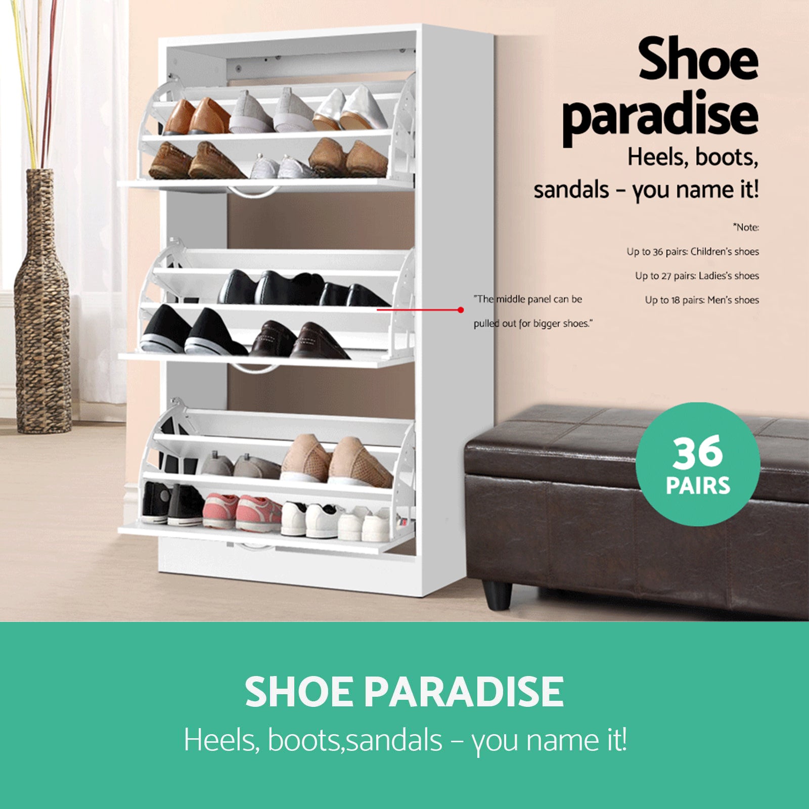 3 Tier Shoe Cabinet - White - Homecoze