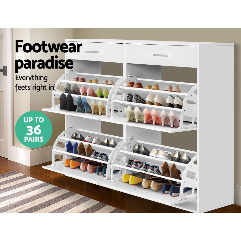 36 Pairs Shoe Cabinet Rack Organiser Storage Cupboard with Drawers - White - Homecoze