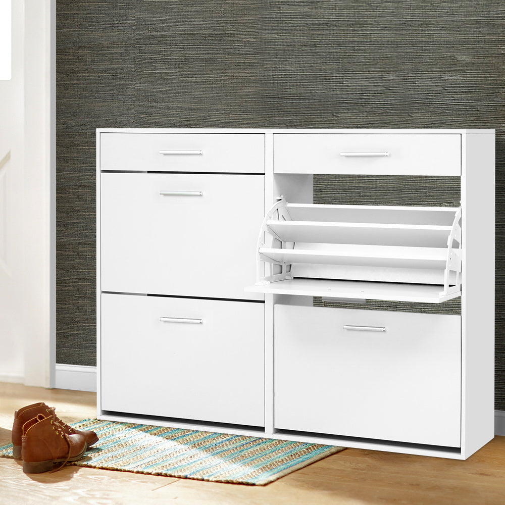 36 Pairs Shoe Cabinet Rack Organiser Storage Cupboard with Drawers - White - Homecoze