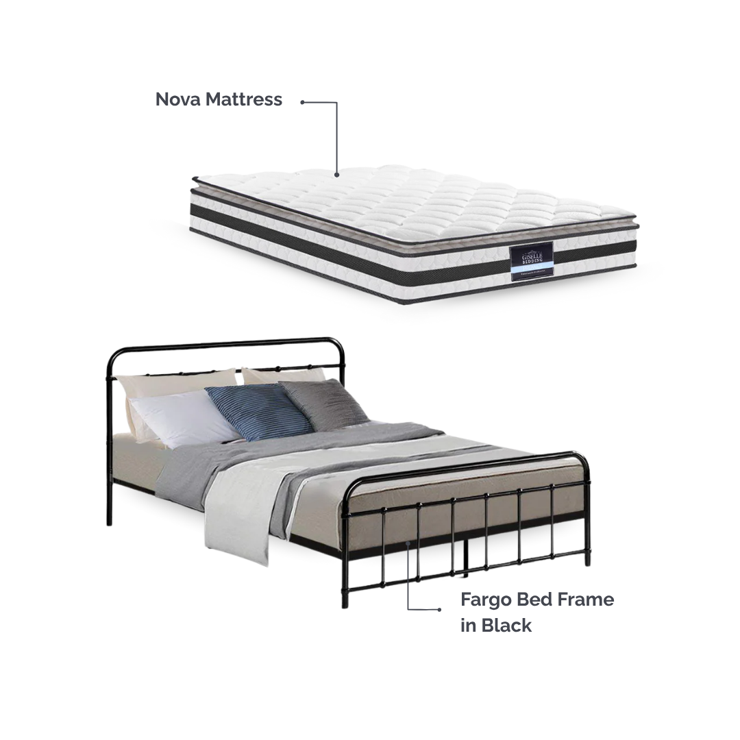 Fargo (Queen) Bed Frame & Nova Mattress Set - Black - Homecoze
