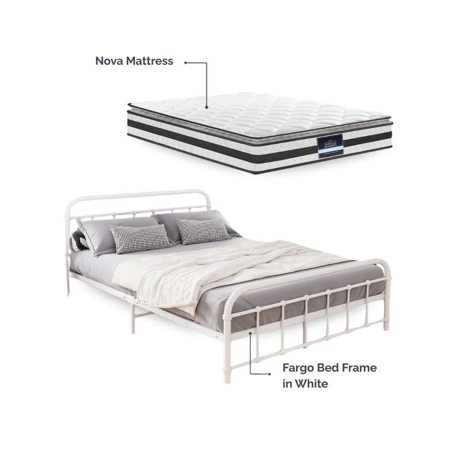 Fargo (Double) Bed Frame & Nova Mattress Set - White - Homecoze