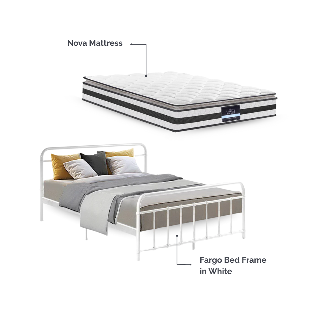 Fargo (Queen) Bed Frame & Nova Mattress Set - White - Homecoze