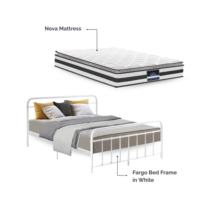Fargo (Queen) Bed Frame & Nova Mattress Set - White - Homecoze