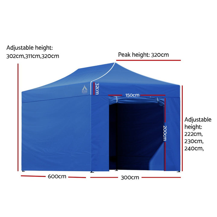 Gazebo Marquee 3x6m with Side Walls Kit Folding Outdoor Canopy Shade Tent - Blue - Homecoze