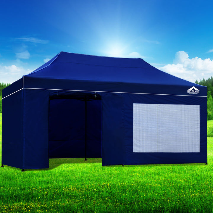 Gazebo Marquee 3x6m with Side Walls Kit Folding Outdoor Canopy Shade Tent - Blue - Homecoze
