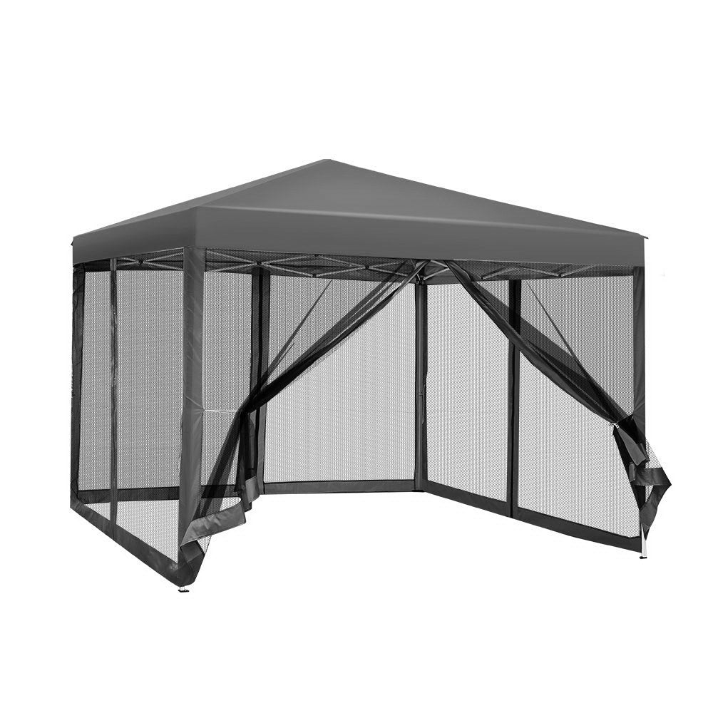 Gazebo Marquee 3x3m with Mesh Walls Folding Outdoor Canopy Shade Tent - Grey - Homecoze