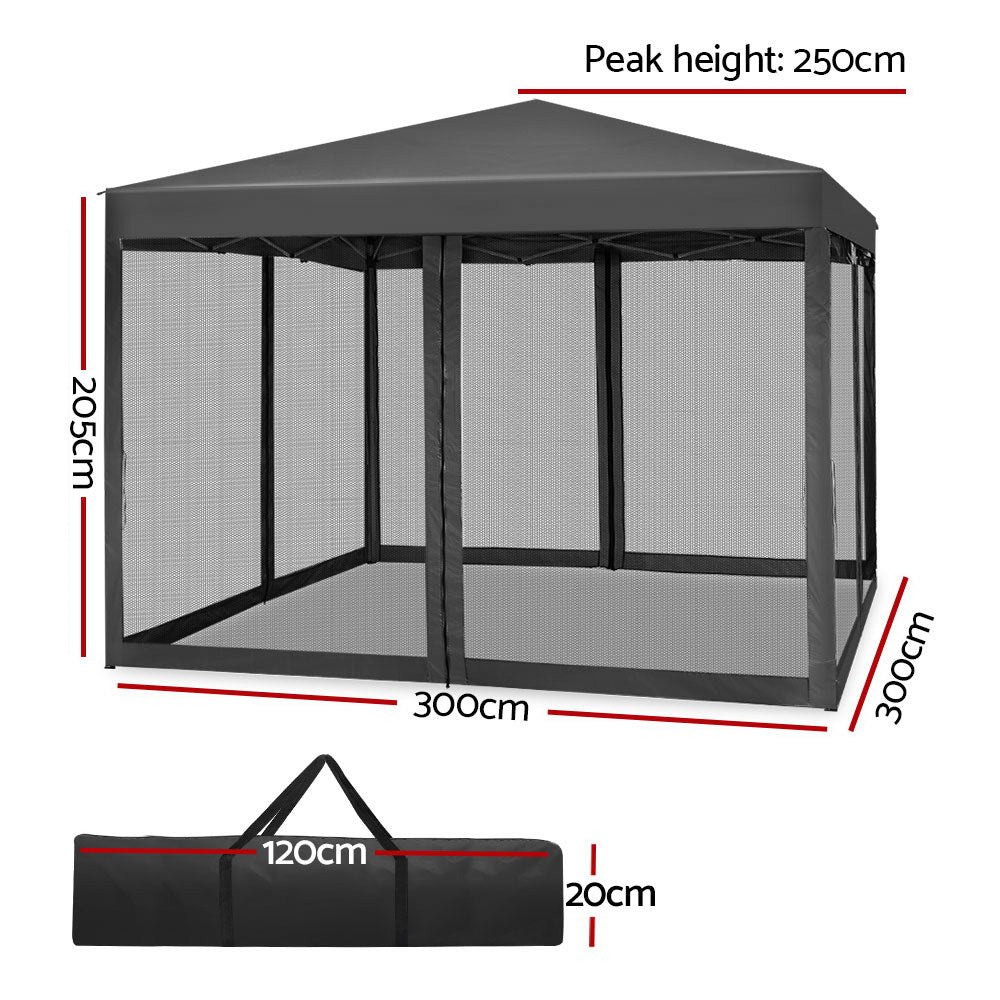 Gazebo Marquee 3x3m with Mesh Walls Folding Outdoor Canopy Shade Tent - Grey - Homecoze