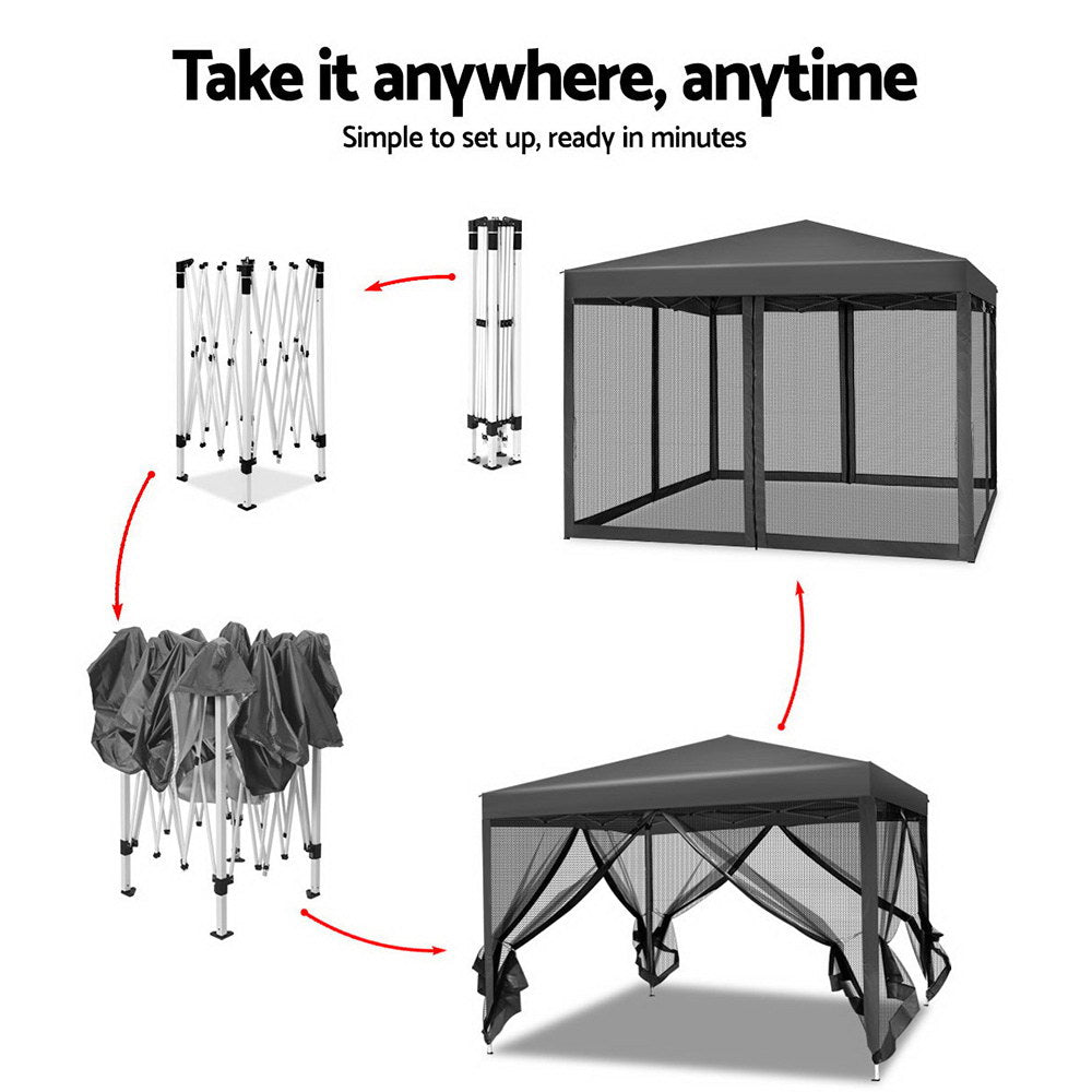 Gazebo Marquee 3x3m with Mesh Walls Folding Outdoor Canopy Shade Tent - Grey - Homecoze