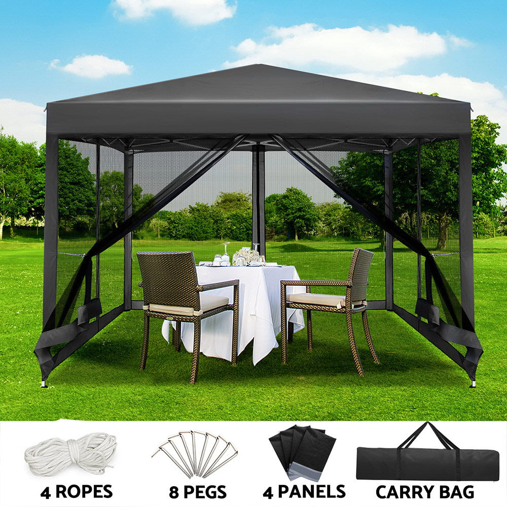 Gazebo Marquee 3x3m with Mesh Walls Folding Outdoor Canopy Shade Tent - Grey - Homecoze