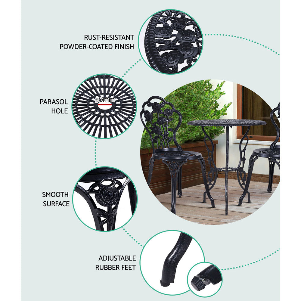 Rosetta 2-Seater Rose Outdoor Bistro Set – Black