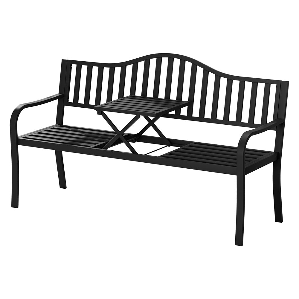 Outdoor Garden Bench Love Seat Chair with Foldable Popup Table - Black - Homecoze