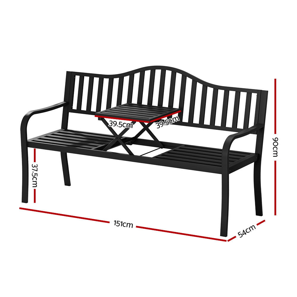 Outdoor Garden Bench Love Seat Chair with Foldable Popup Table - Black - Homecoze
