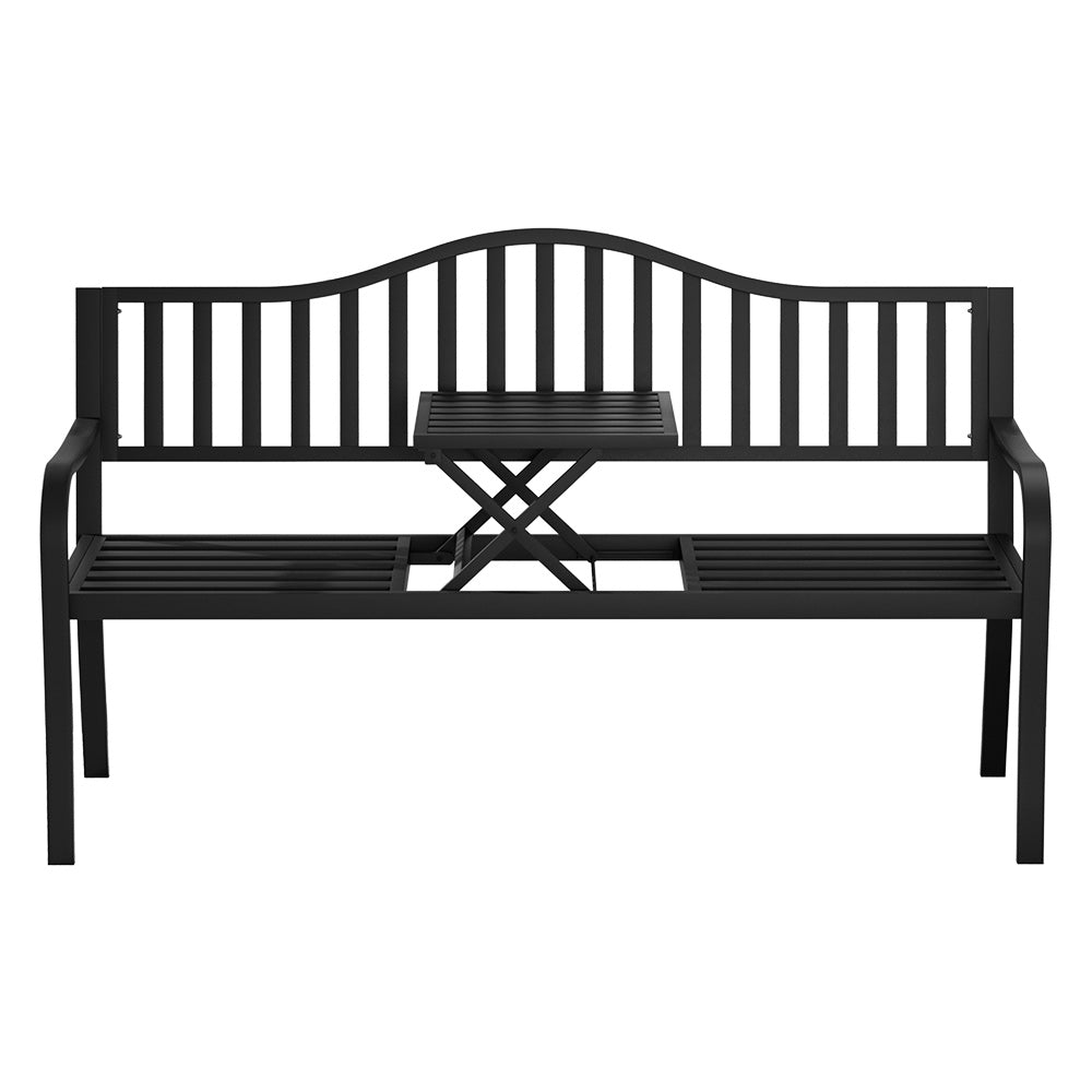 Outdoor Garden Bench Love Seat Chair with Foldable Popup Table - Black - Homecoze