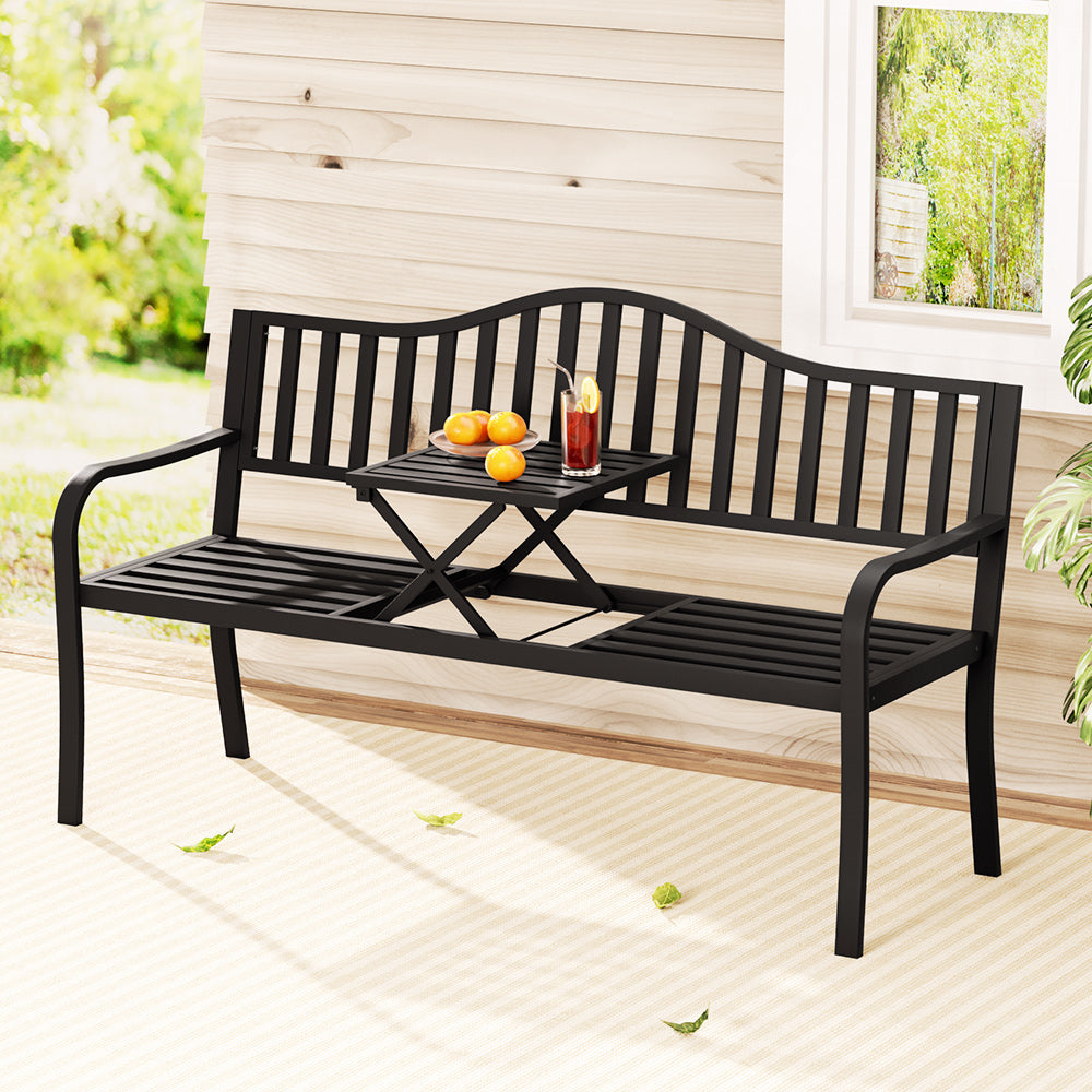 Outdoor Garden Bench Love Seat Chair with Foldable Popup Table - Black - Homecoze