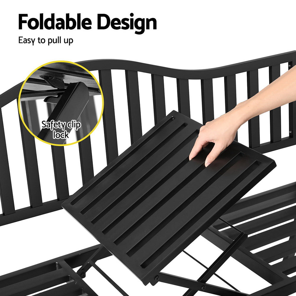Outdoor Garden Bench Love Seat Chair with Foldable Popup Table - Black - Homecoze