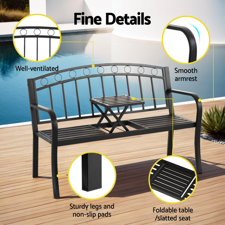 Gardeon Outdoor Garden Bench Seat Loveseat Steel Foldable Table Patio Furniture Black - Homecoze