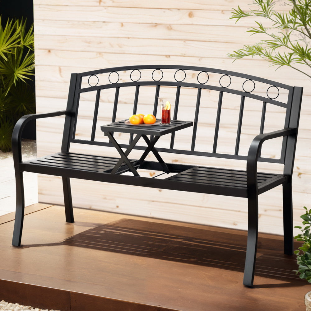 Gardeon Outdoor Garden Bench Seat Loveseat Steel Foldable Table Patio Furniture Black - Homecoze