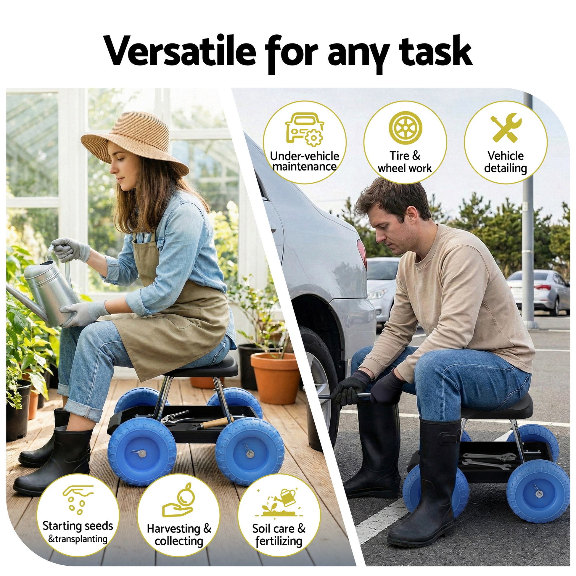 Gardening Seat Rolling Work Stool - Blue - Homecoze