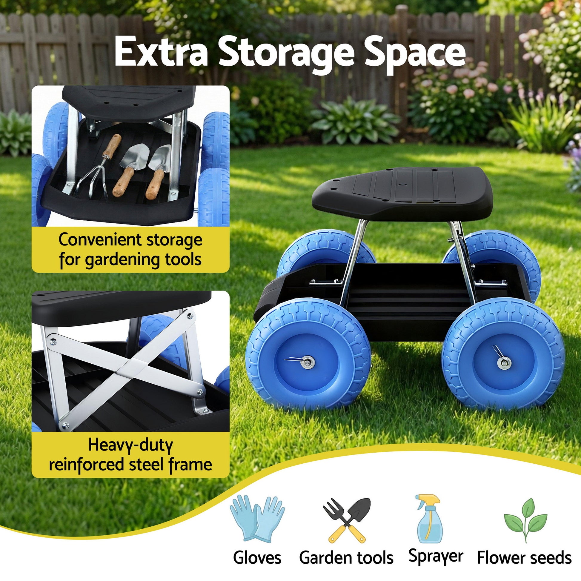 Gardening Seat Rolling Work Stool - Blue - Homecoze