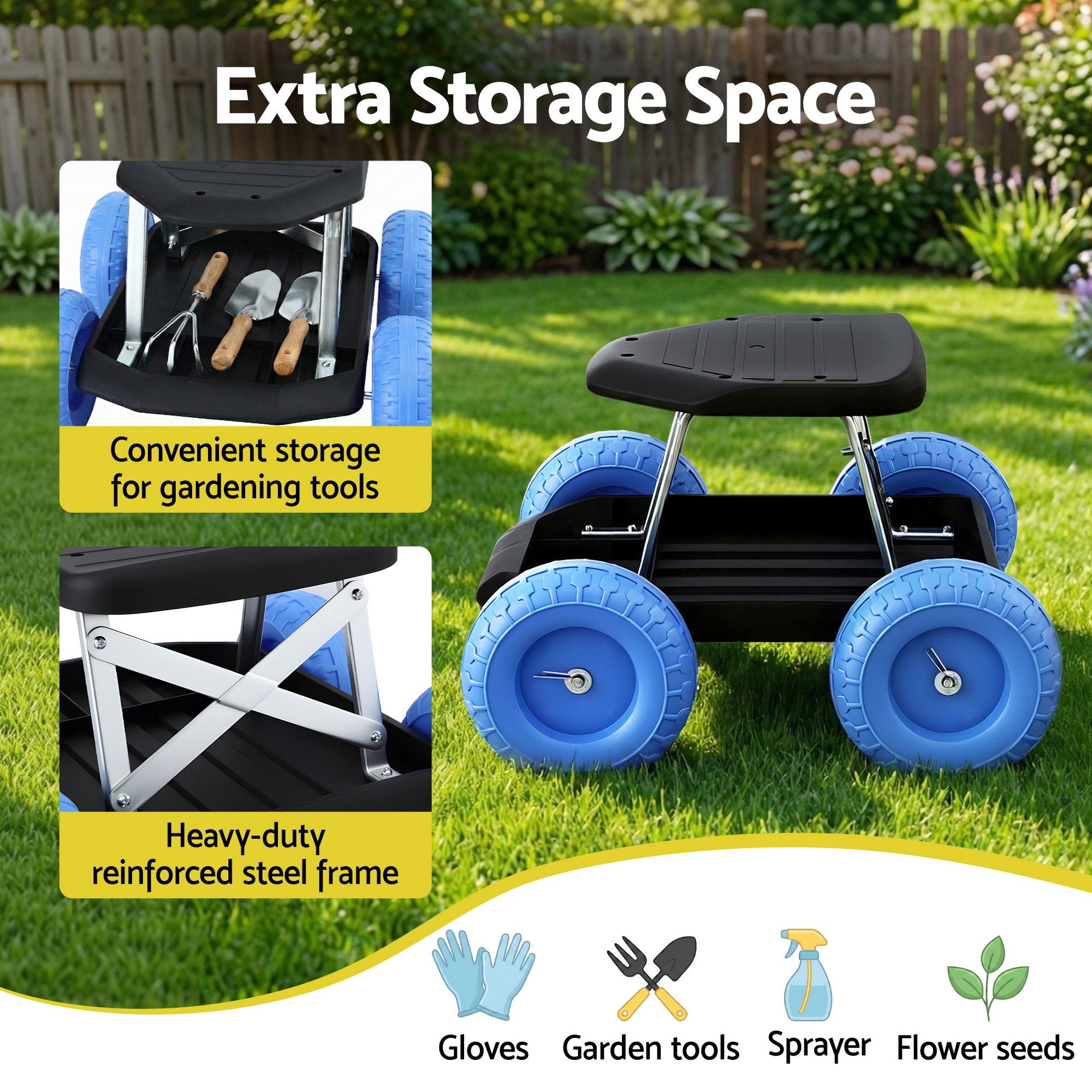 Gardening Seat Rolling Work Stool - Blue - Homecoze