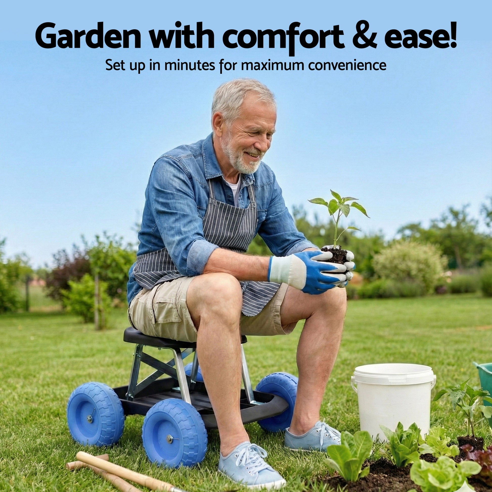 Gardening Seat Rolling Work Stool - Blue - Homecoze