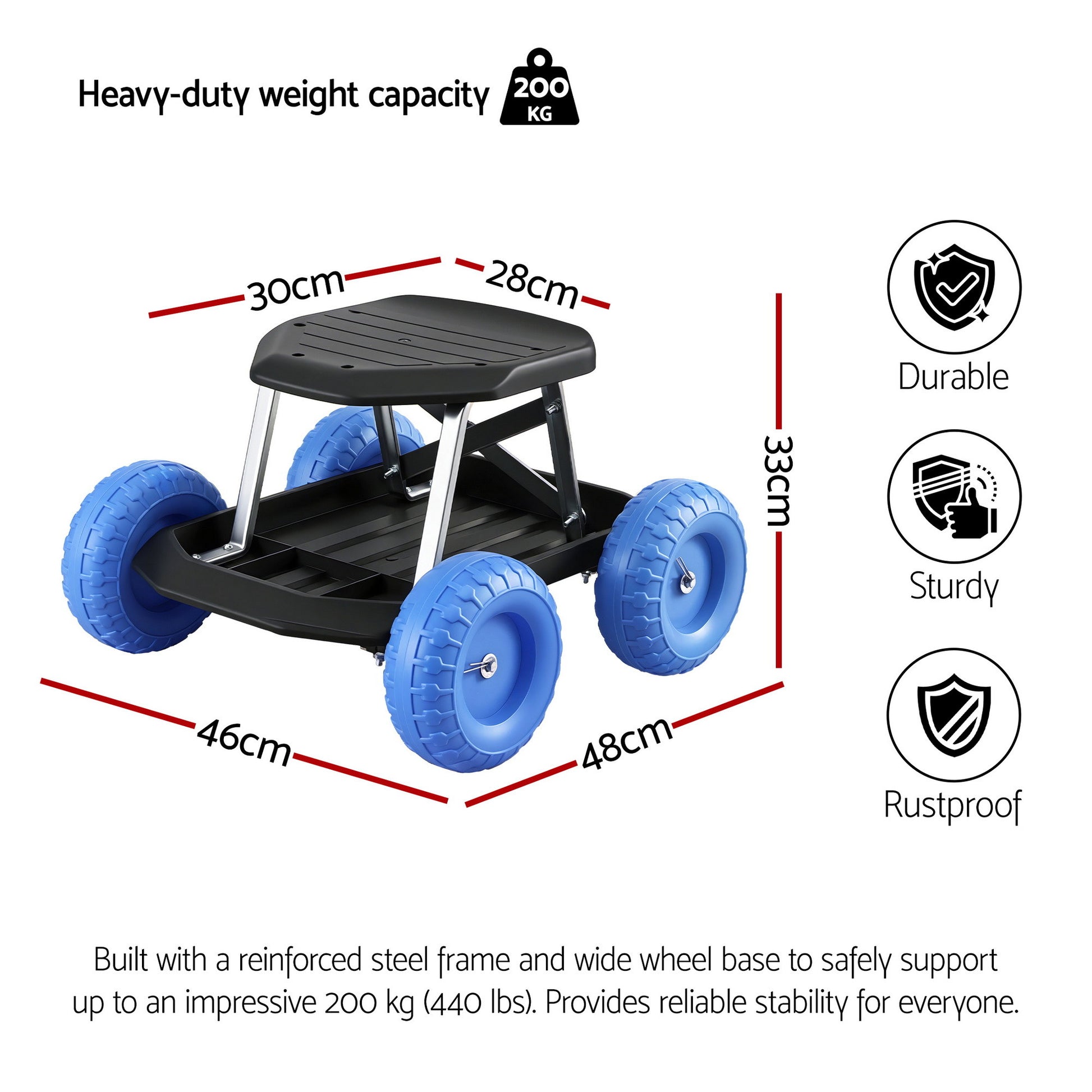 Gardening Seat Rolling Work Stool - Blue - Homecoze