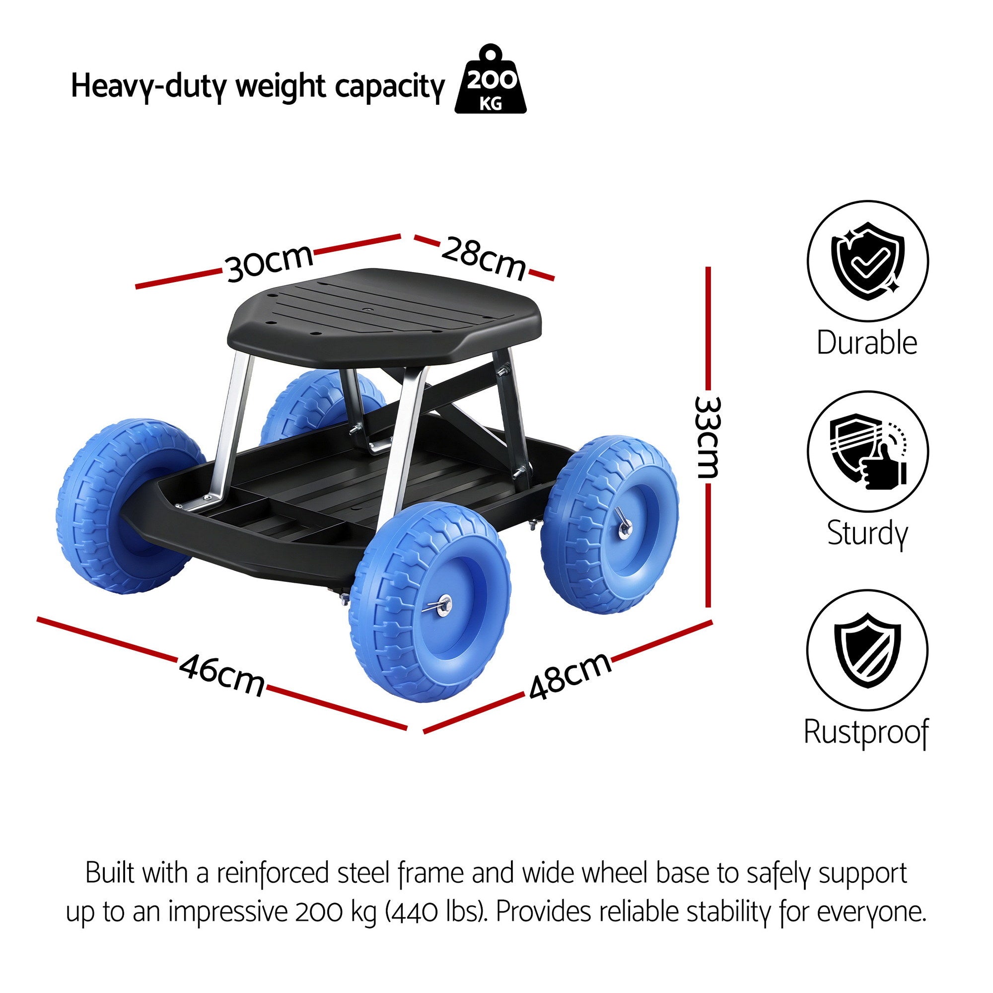Gardening Seat Rolling Work Stool - Blue - Homecoze