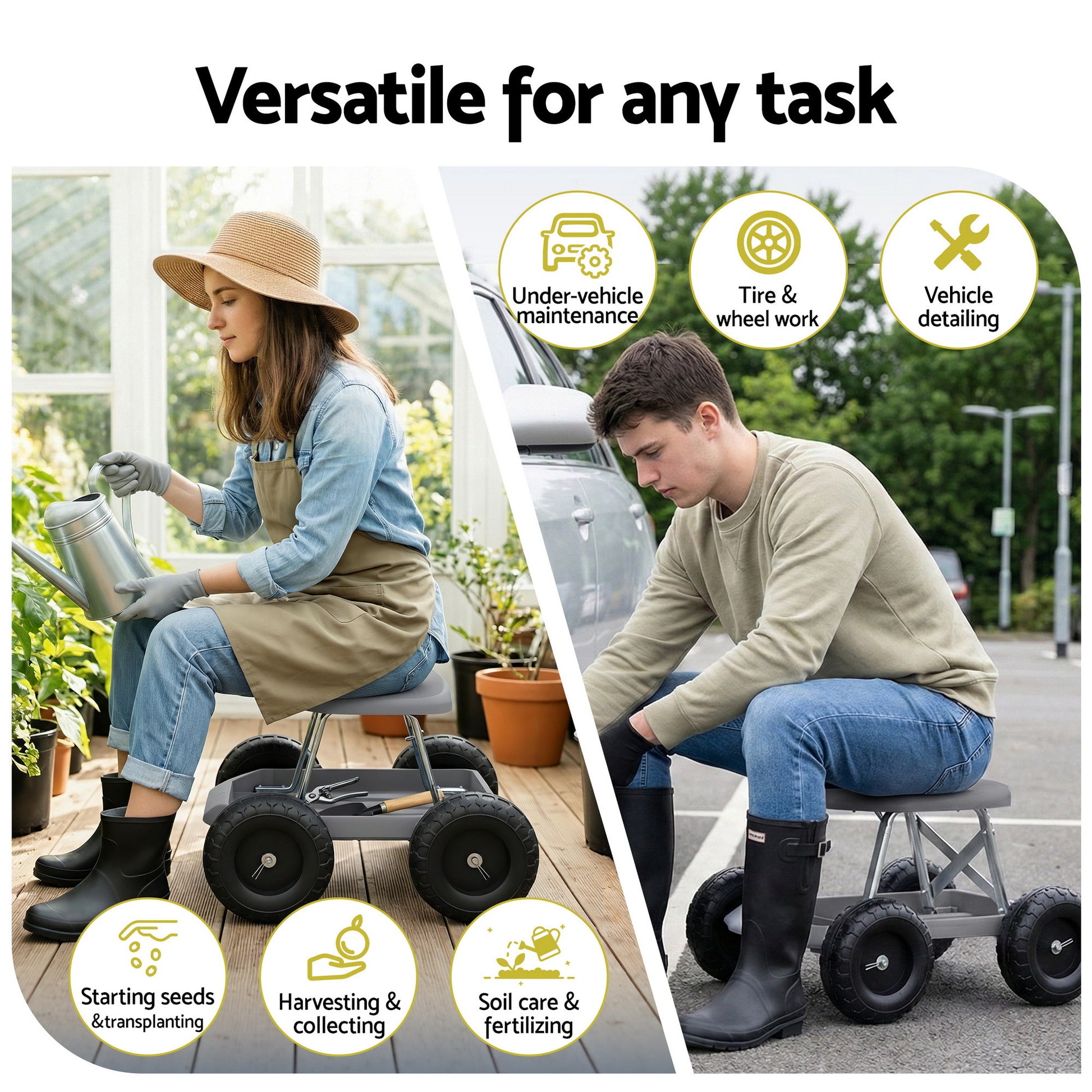 Gardening Seat Rolling Work Stool - Grey - Homecoze