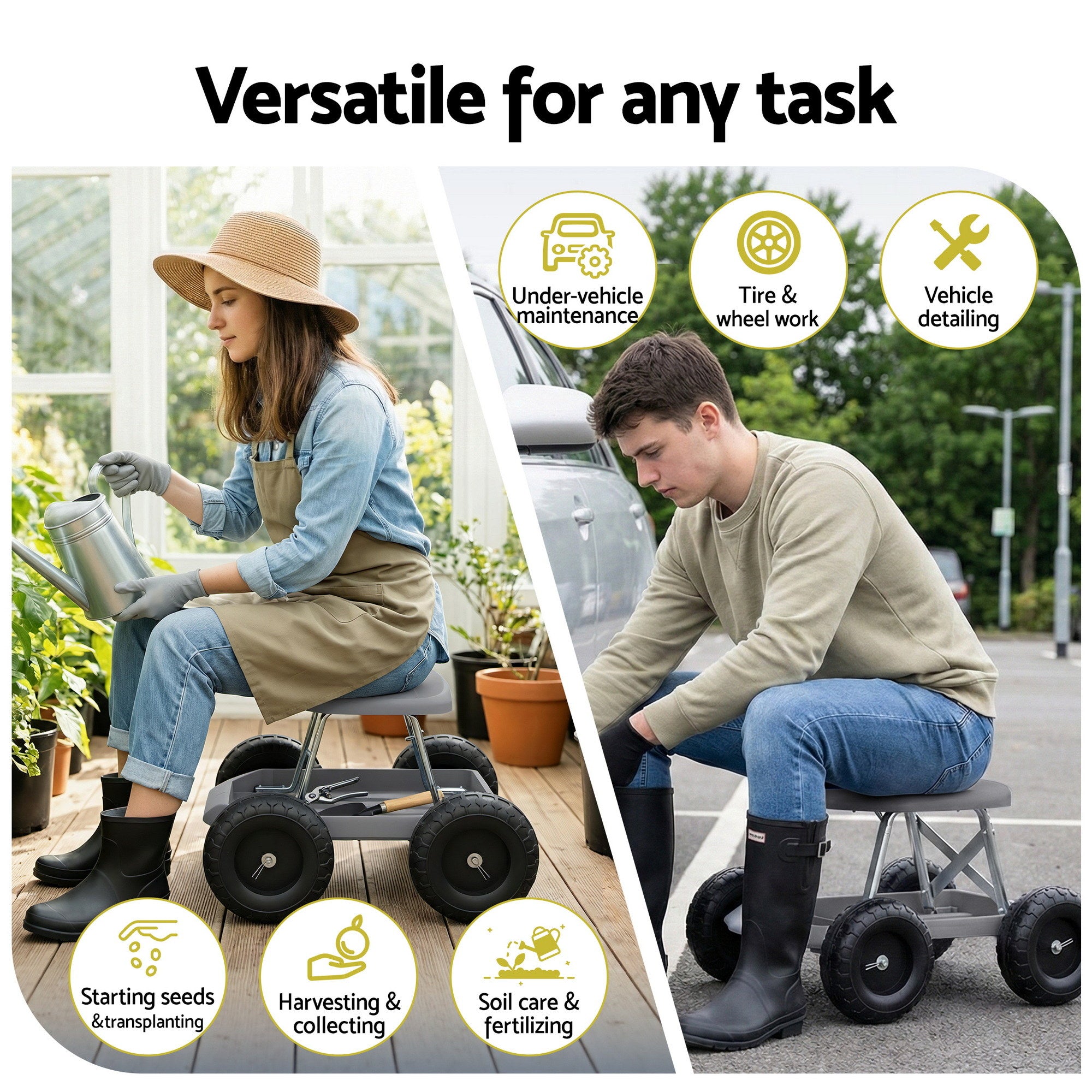 Gardening Seat Rolling Work Stool - Grey - Homecoze