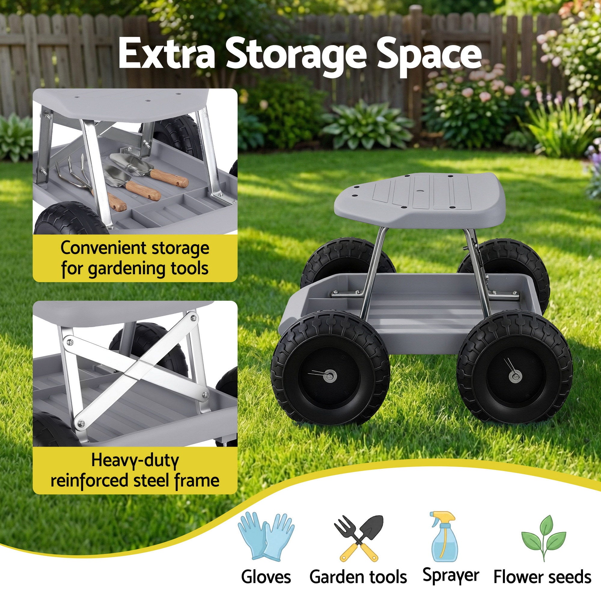 Gardening Seat Rolling Work Stool - Grey - Homecoze