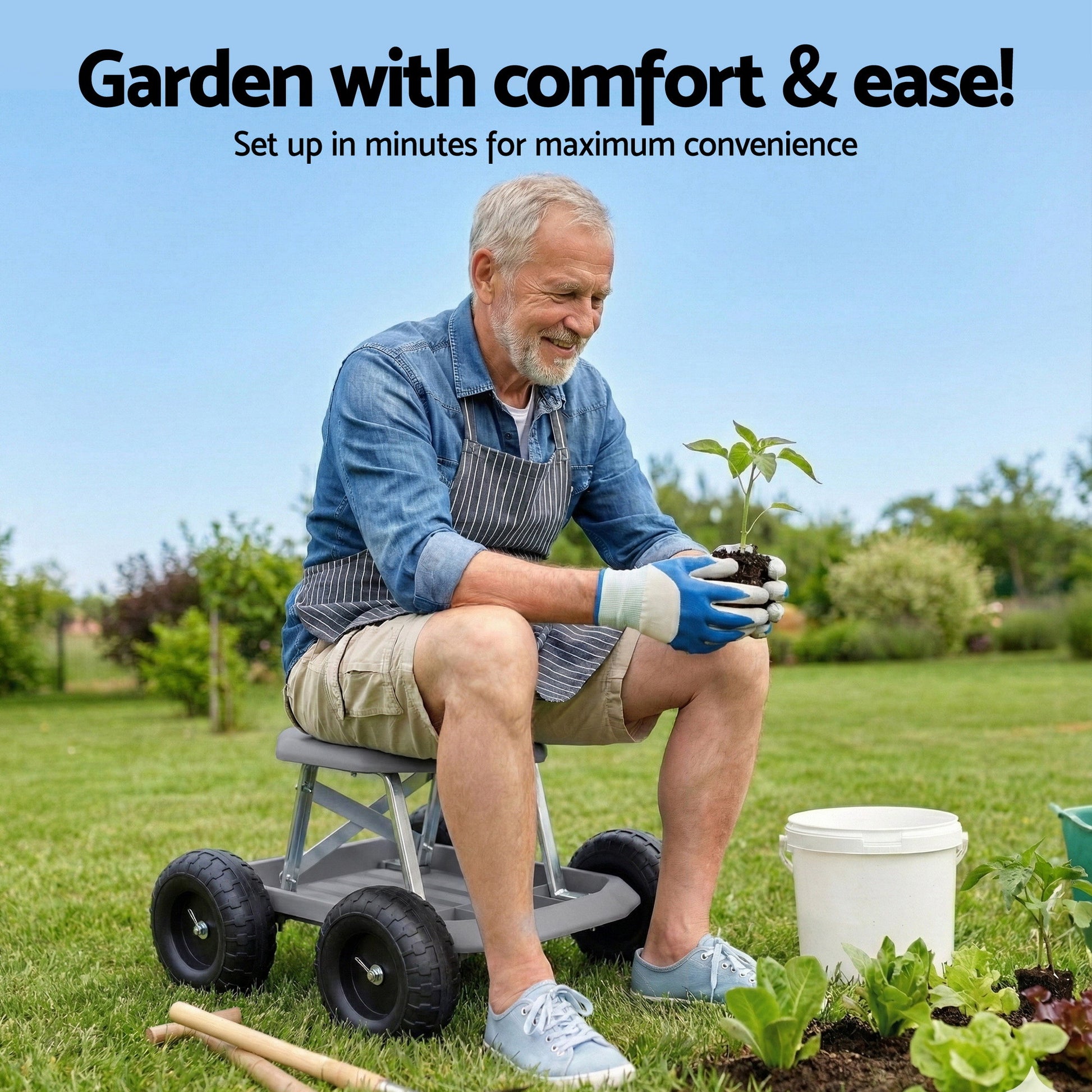 Gardening Seat Rolling Work Stool - Grey - Homecoze