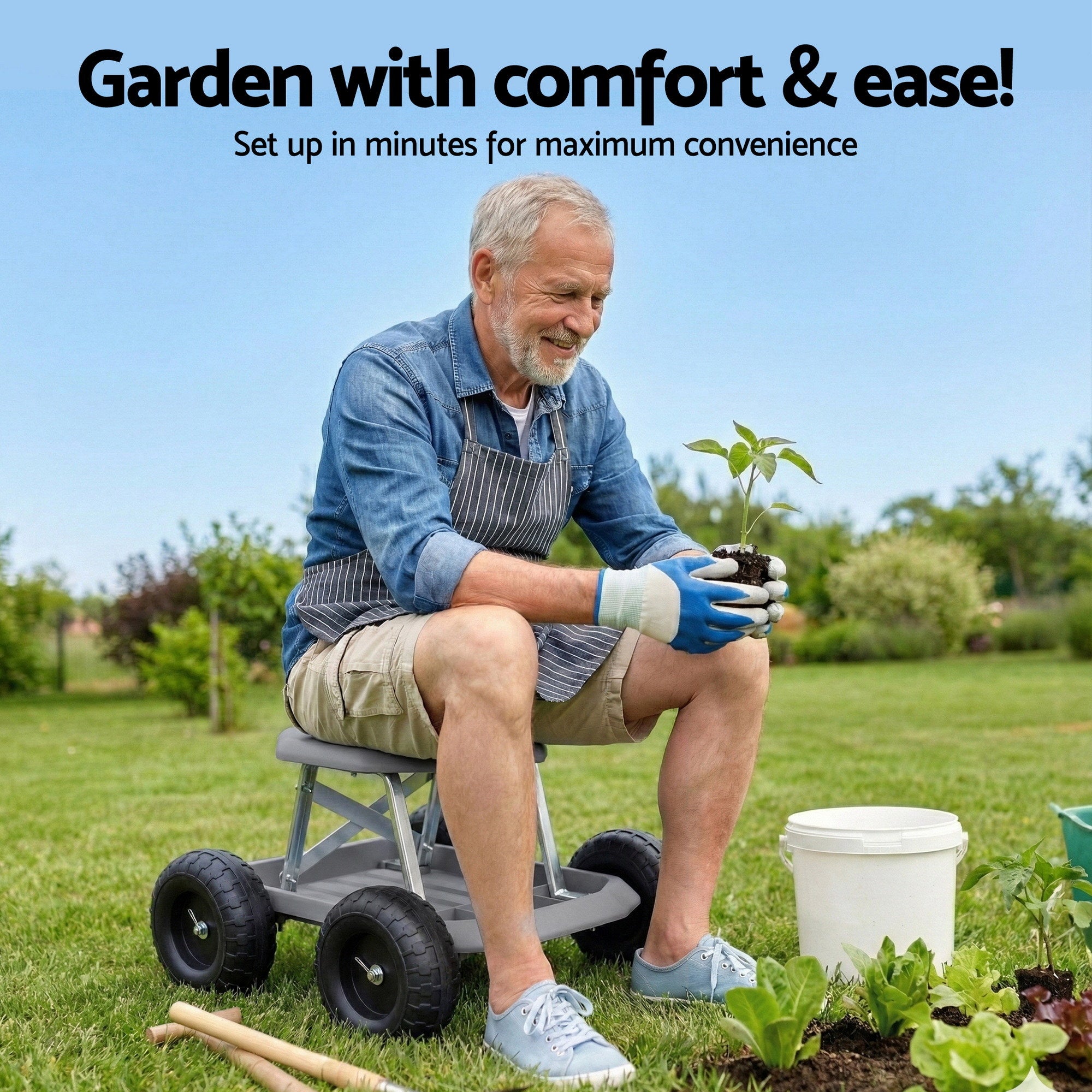 Gardening Seat Rolling Work Stool - Grey - Homecoze