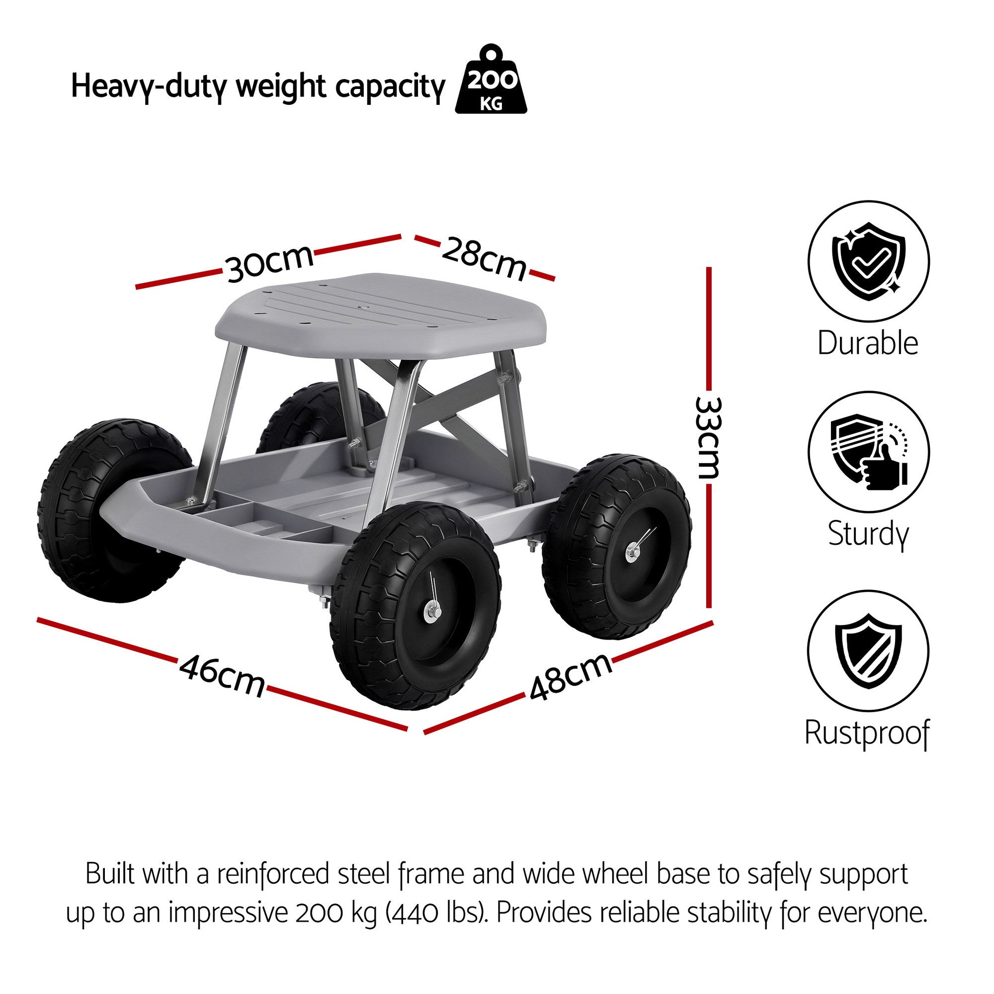 Gardening Seat Rolling Work Stool - Grey - Homecoze