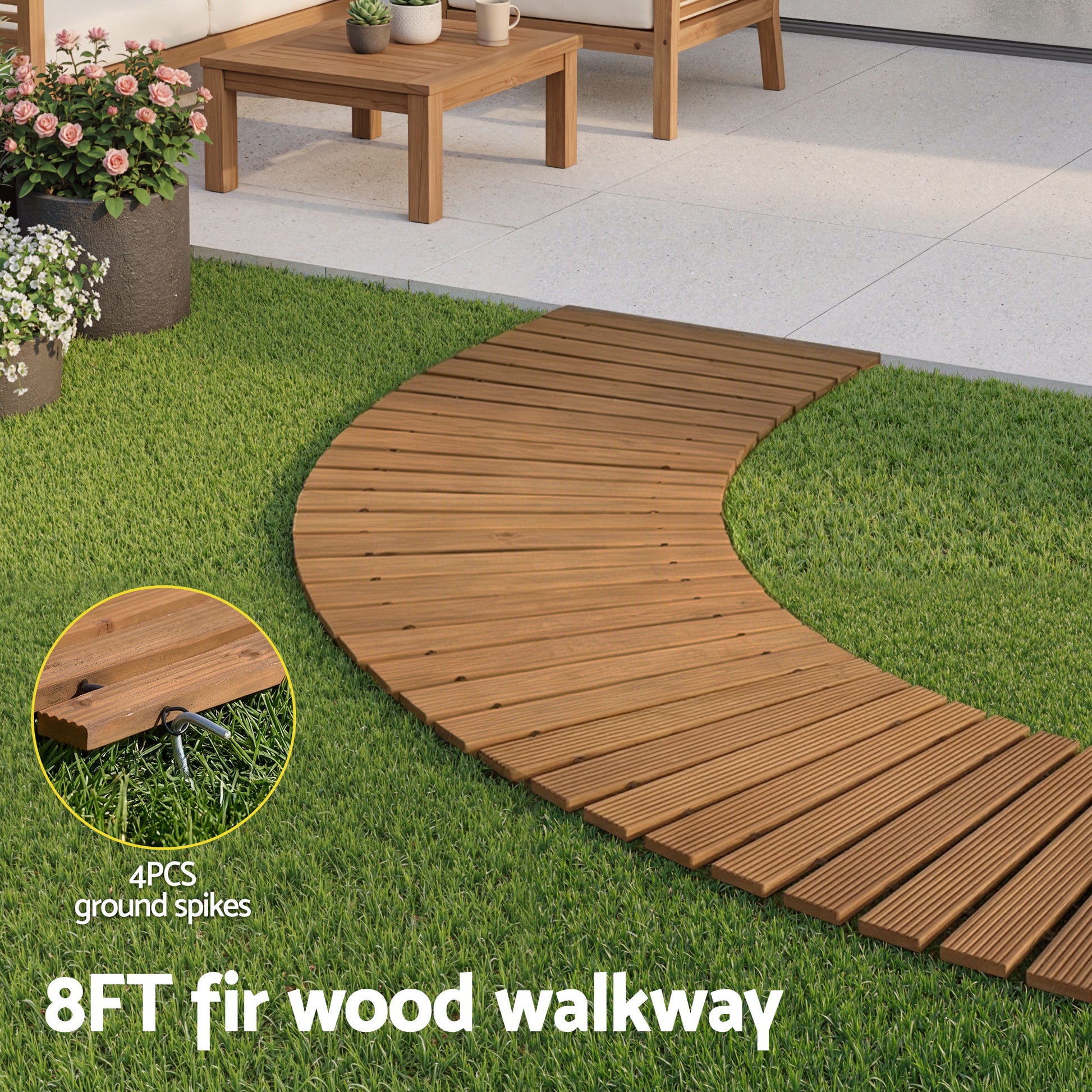 Gardeon 8FT Wooden Garden Pathway Roll-Out Curved Walkway Outdoor Backyard Brown - Homecoze