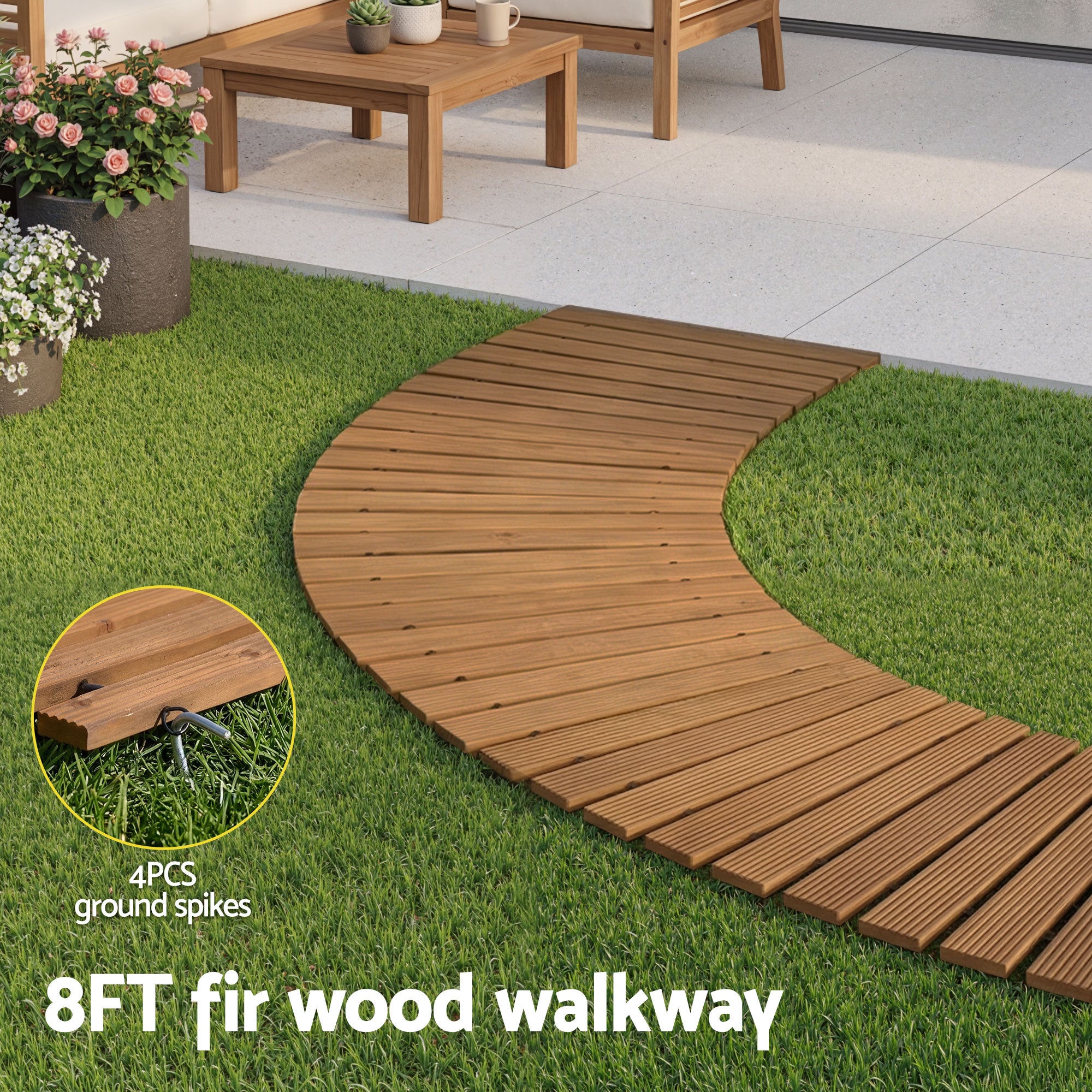 Gardeon 8FT Wooden Garden Pathway Roll-Out Curved Walkway Outdoor Backyard Brown - Homecoze