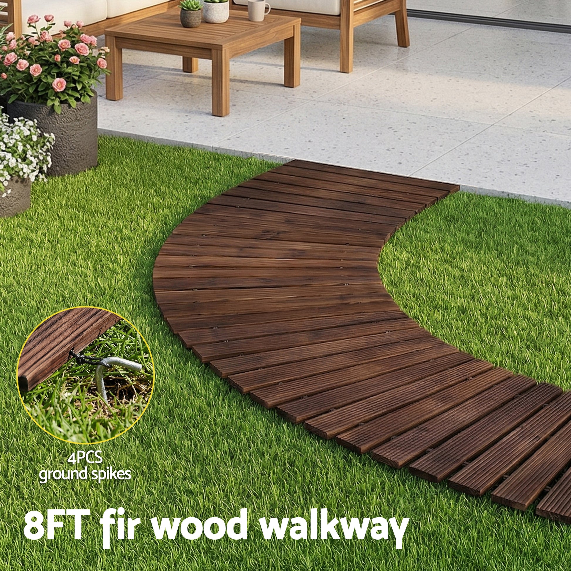 Gardeon 8FT Wooden Garden Pathway Roll-Out Curved Walkway Outdoor Backyard Charcoal Brown - Homecoze