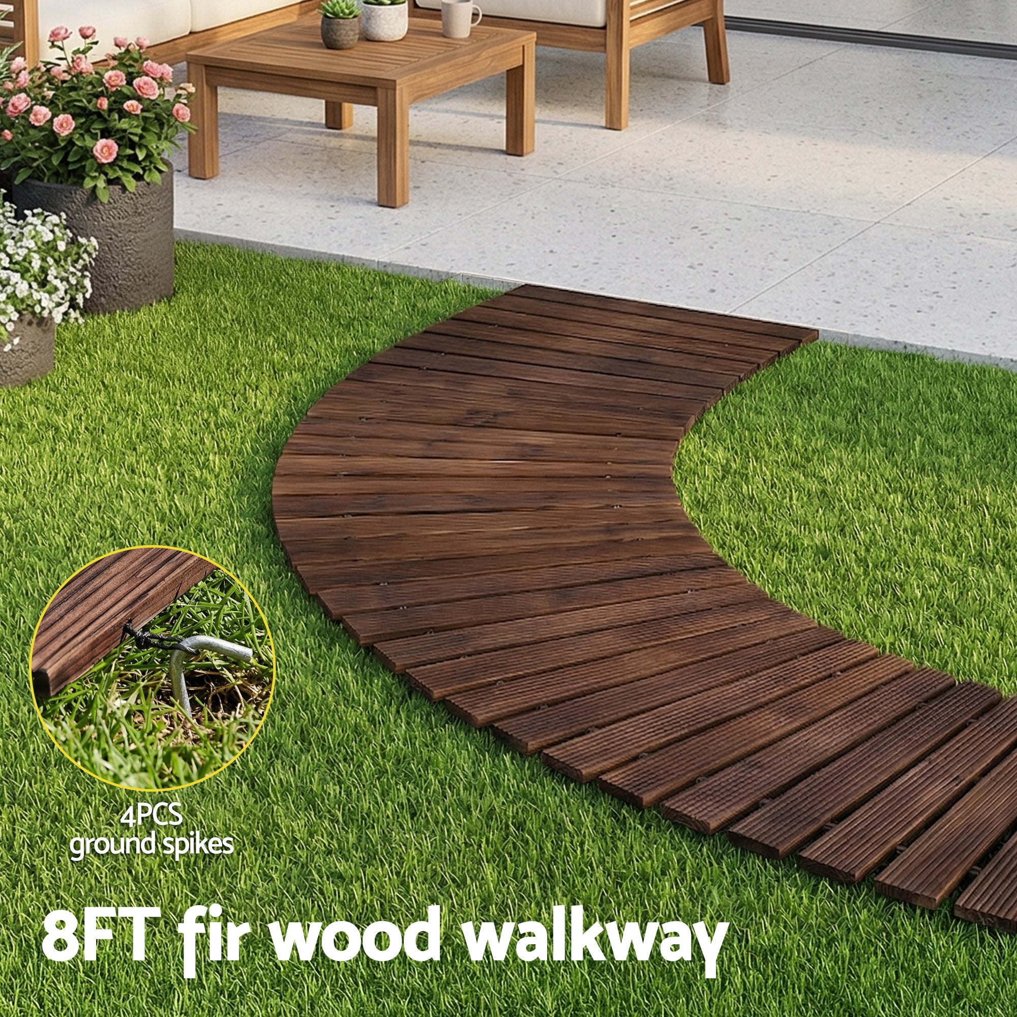 Gardeon 8FT Wooden Garden Pathway Roll-Out Curved Walkway Outdoor Backyard Charcoal Brown - Homecoze
