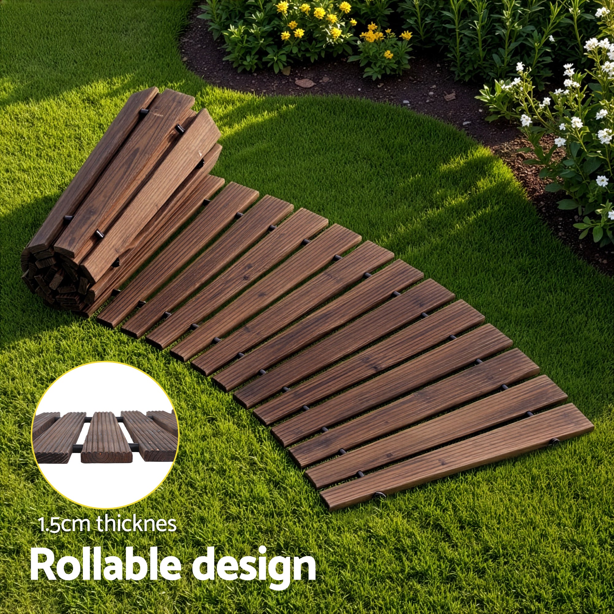 Gardeon 8FT Wooden Garden Pathway Roll-Out Curved Walkway Outdoor Backyard Charcoal Brown - Homecoze