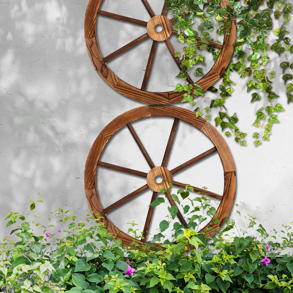 Set of 2 Wooden Wagon Wheels Garden Décor Homecoze