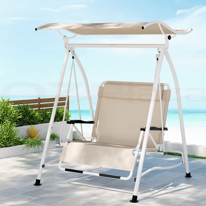 Outdoor Swing Chair 2 Seater Garden Patio Lounger with Canopy - Beige - Homecoze