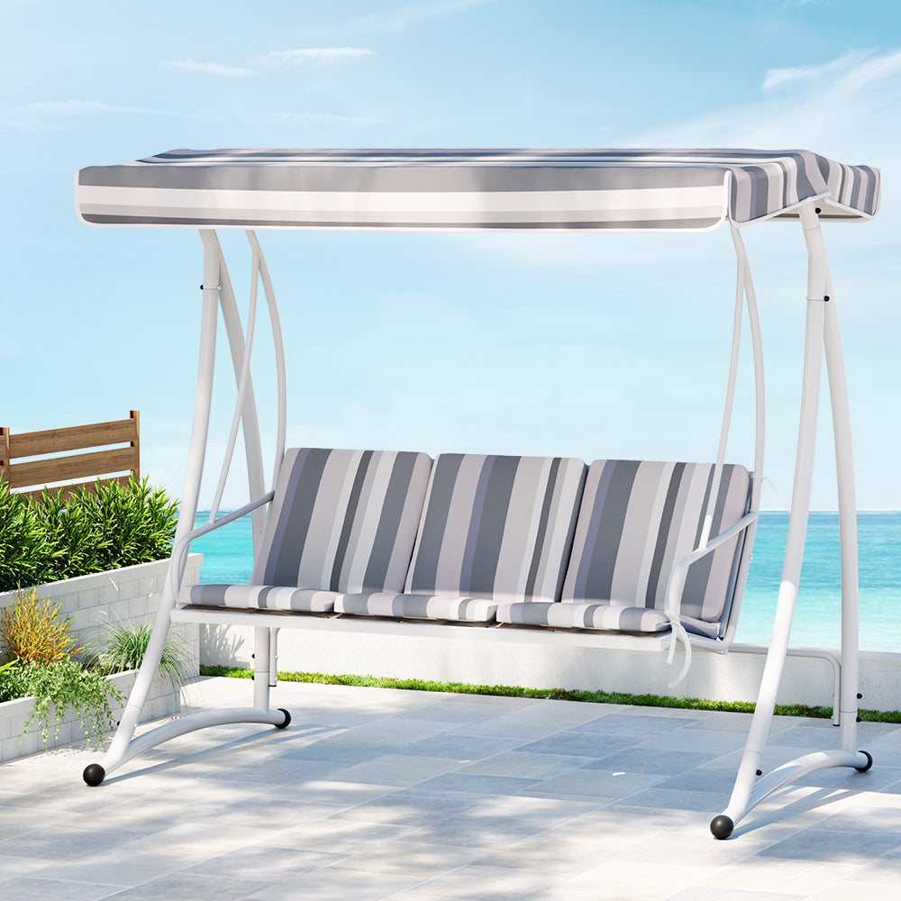 Outdoor Swing Chair 3 Seater Garden Bench Patio Lounger with Canopy - White/Grey - Homecoze