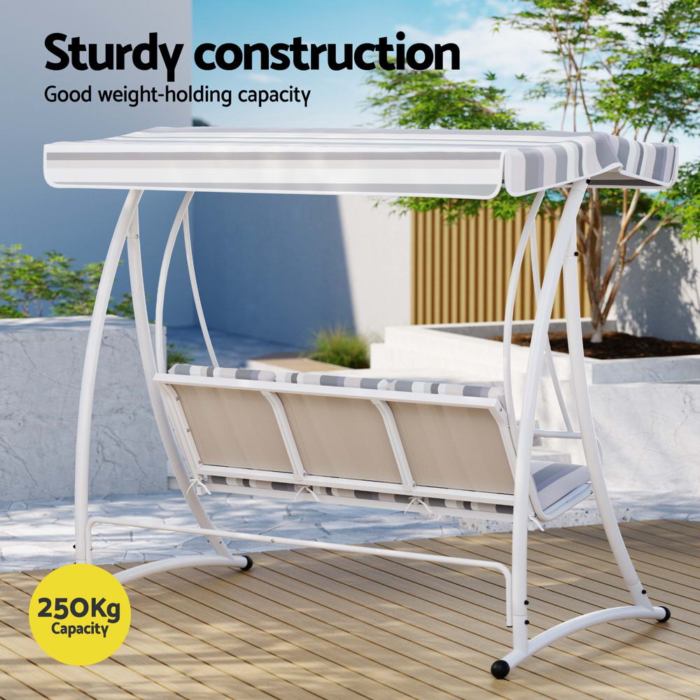 Outdoor Swing Chair 3 Seater Garden Bench Patio Lounger with Canopy - White/Grey - Homecoze