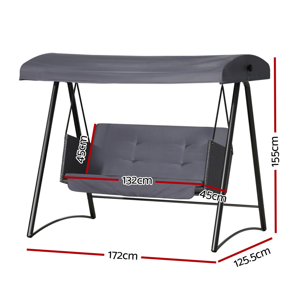 Rattan Swing Chair 3 Seat Garden Bench Lounger with Canopy - Black/Grey - Homecoze